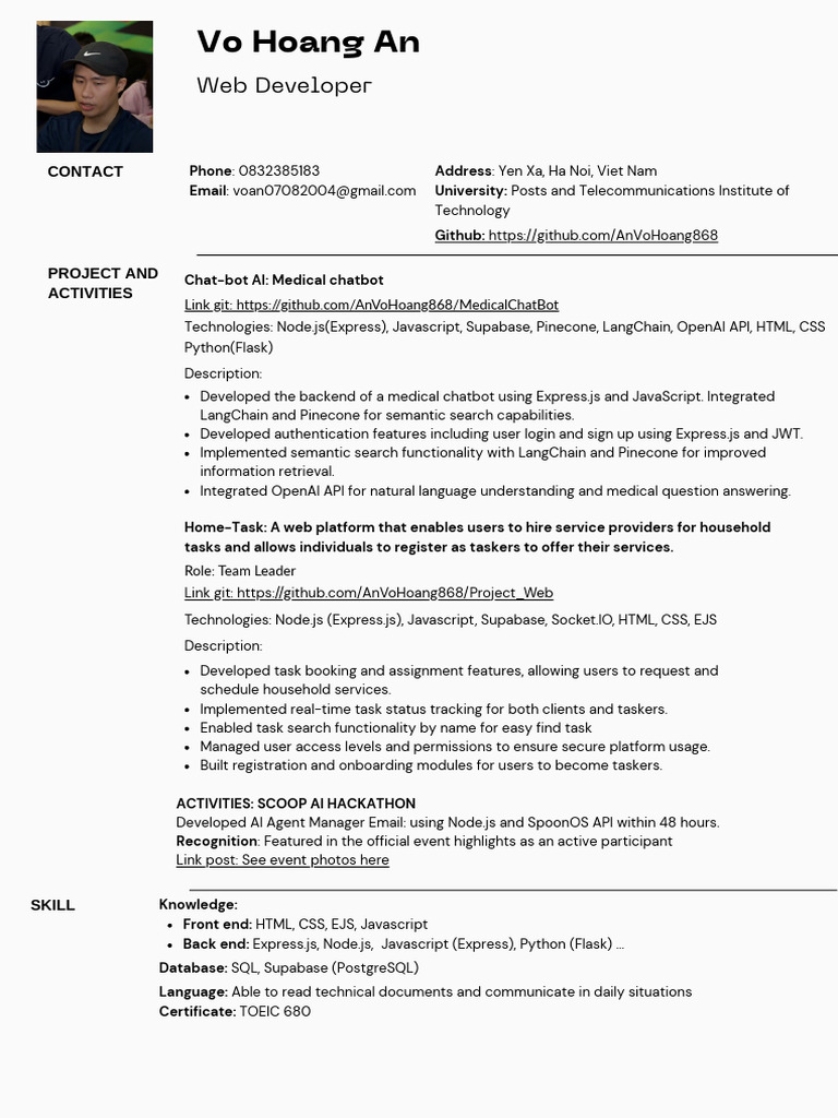 CV-Vo Hoang An | PDF | Java Script | World Wide Web