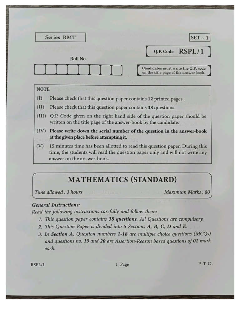 Sample Paper 1 Maths | PDF