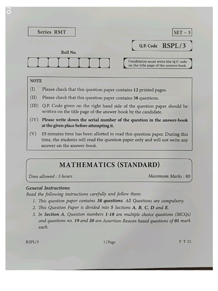 Sample Paper 3 Maths | PDF