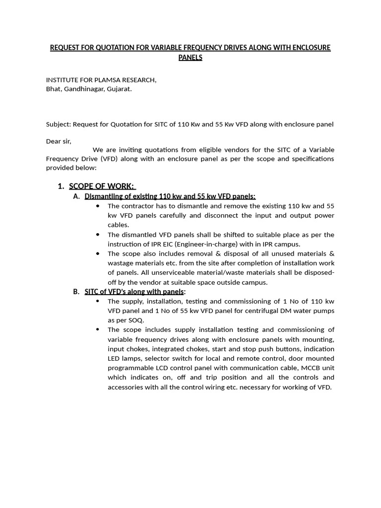 Quotation Request for VFD Panels Installation | PDF | Electrical ...