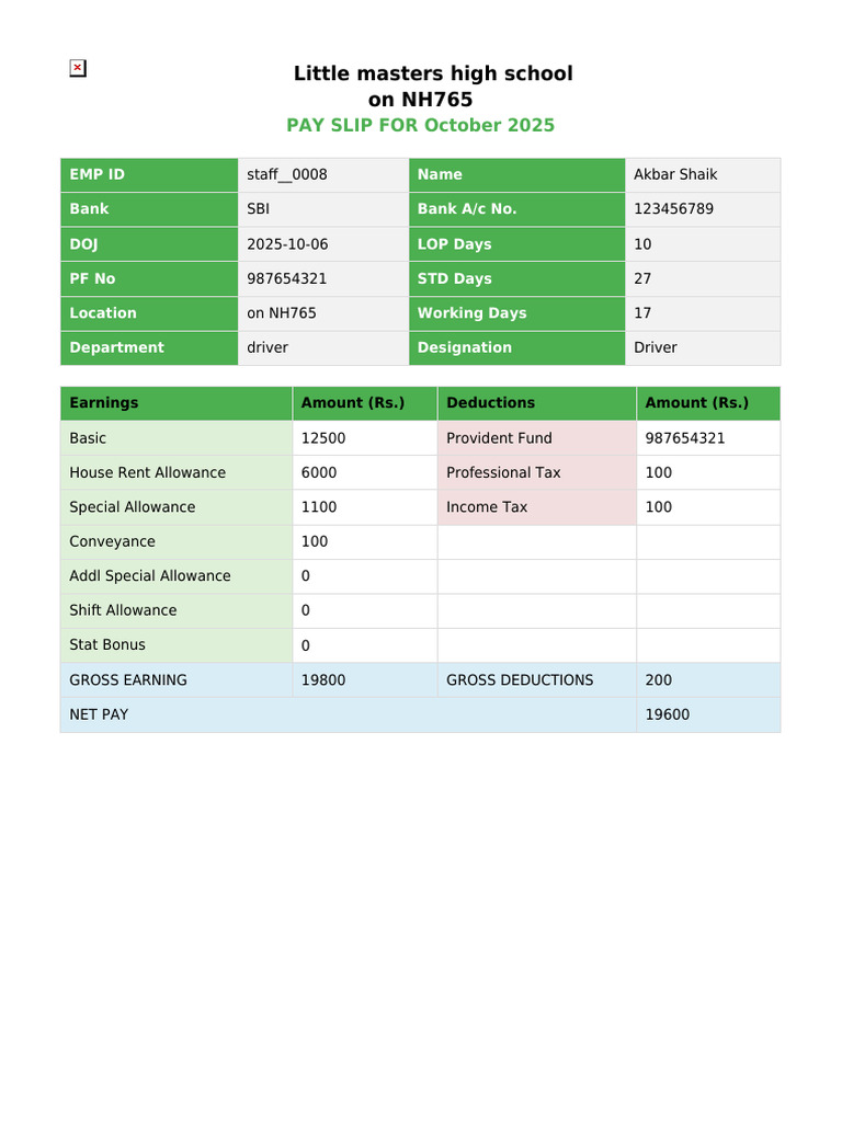 October 2025 Pay Slip for Driver Akbar Shaik | PDF
