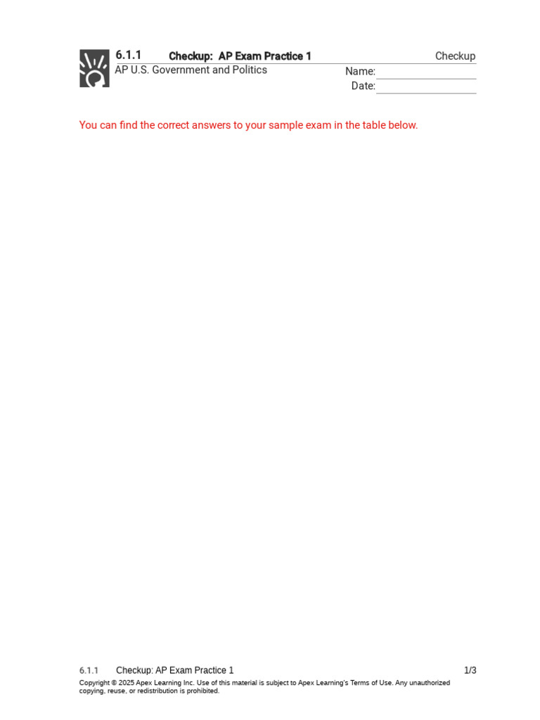 AP U.S. Government Exam Practice Answers | PDF | Advanced Placement ...