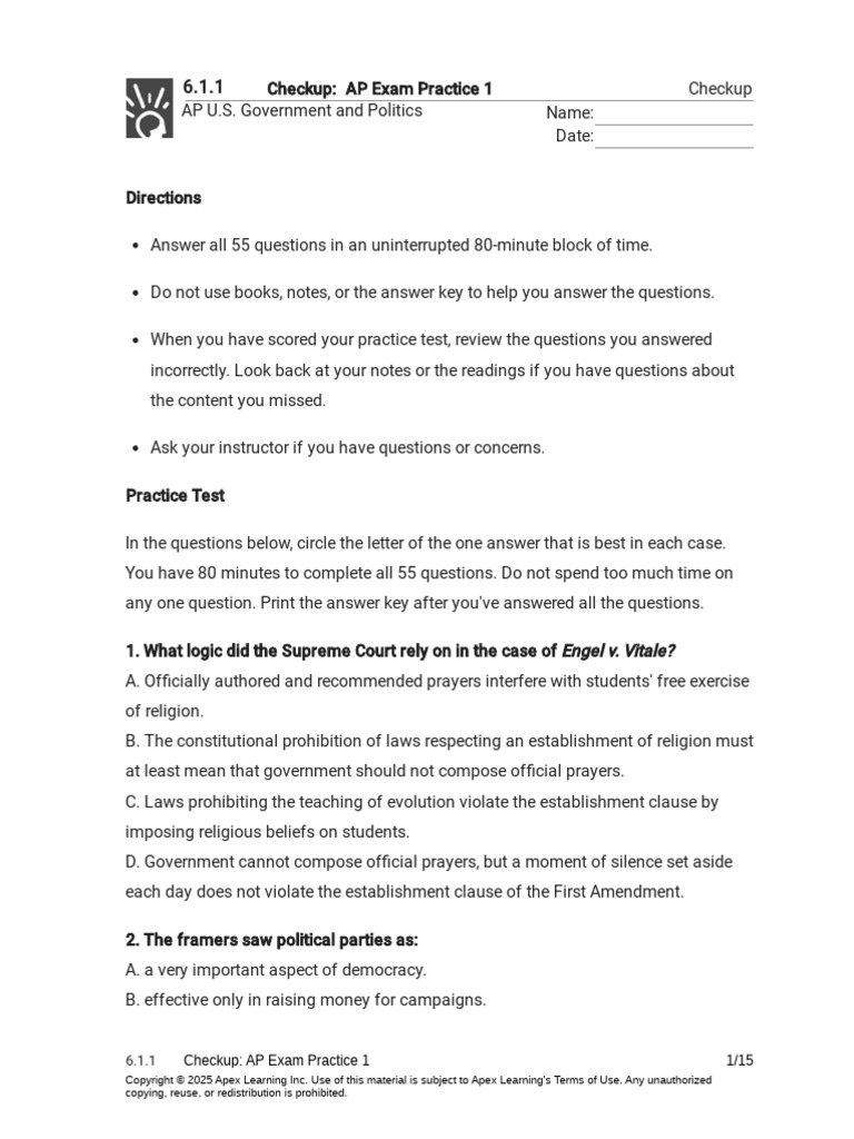 AP Exam Practice Test: Government & Politics | PDF | Supreme Court Of ...