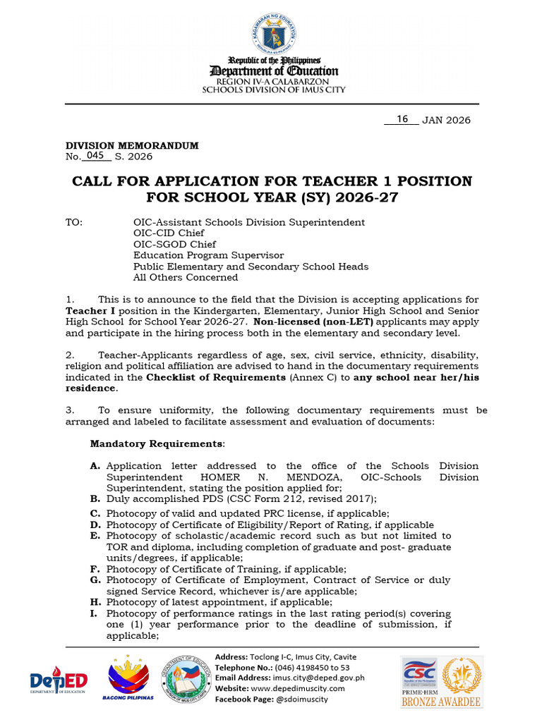 Teacher I Application Call for 2026-27 | PDF | Teachers