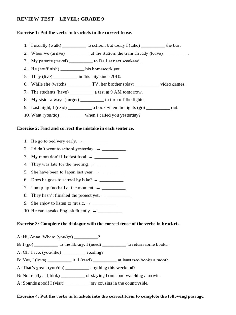 Grade 9 Verb Tense Review Exercises | PDF