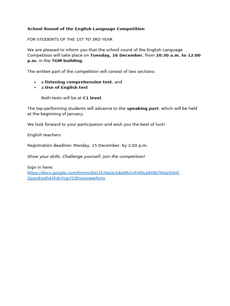 School Round of the English Language Competition | PDF