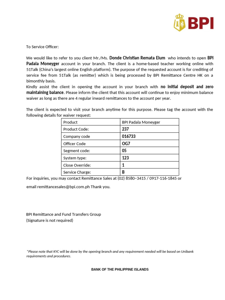 BPI Padala Moneyger Account Setup Guide | PDF