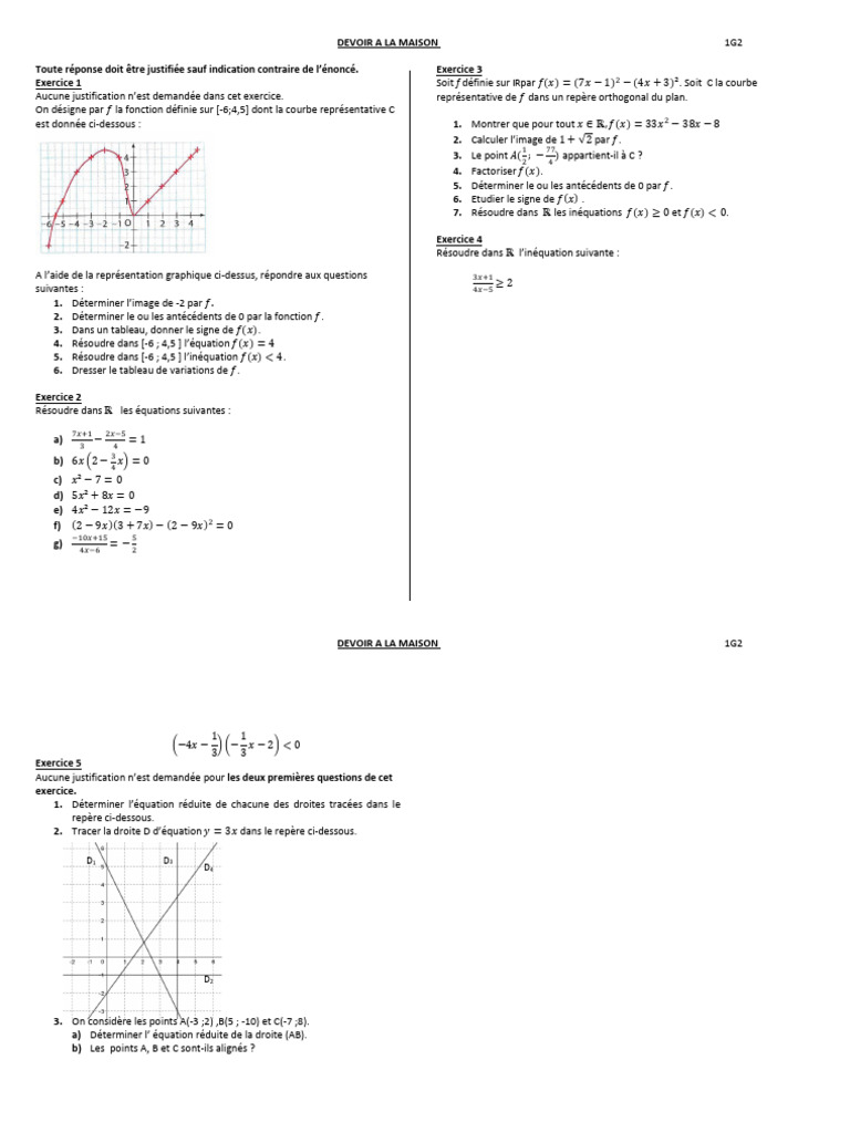 Devoir de mathématiques 1G2 : Fonctions et équations | PDF | Mathématiques