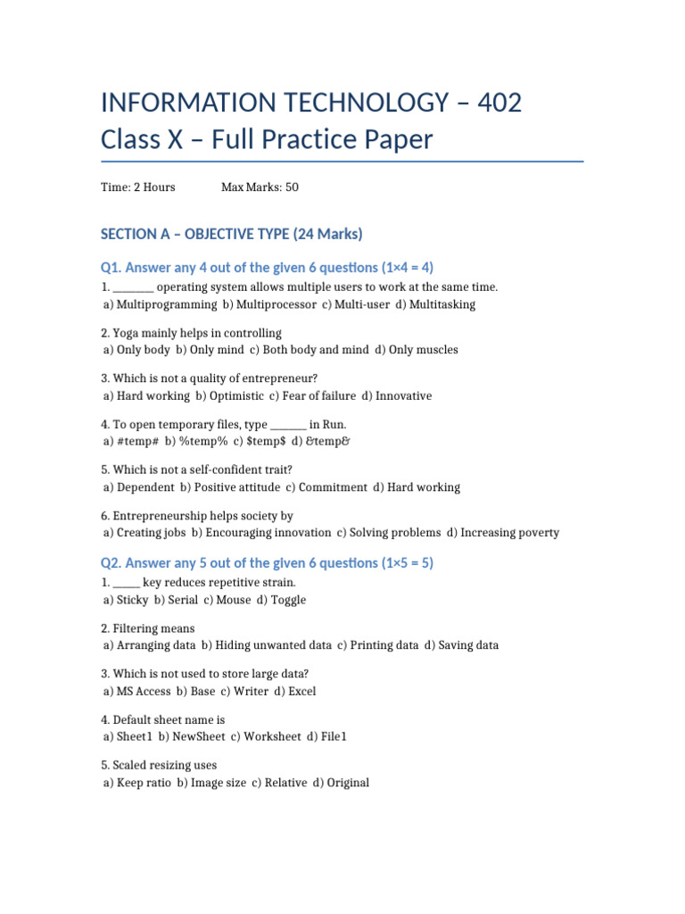 Class X IT Practice Paper 402 | PDF | Software | Computing
