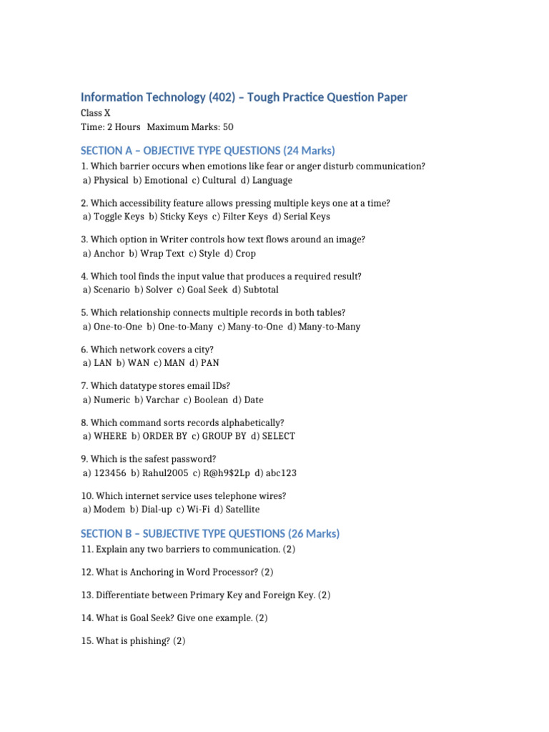 Class X IT Practice Question Paper | PDF