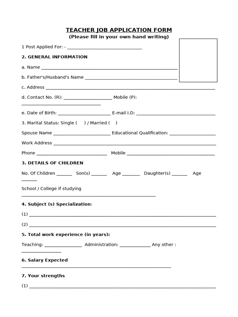 Teacher Job Application Form | PDF | Teachers | Chess