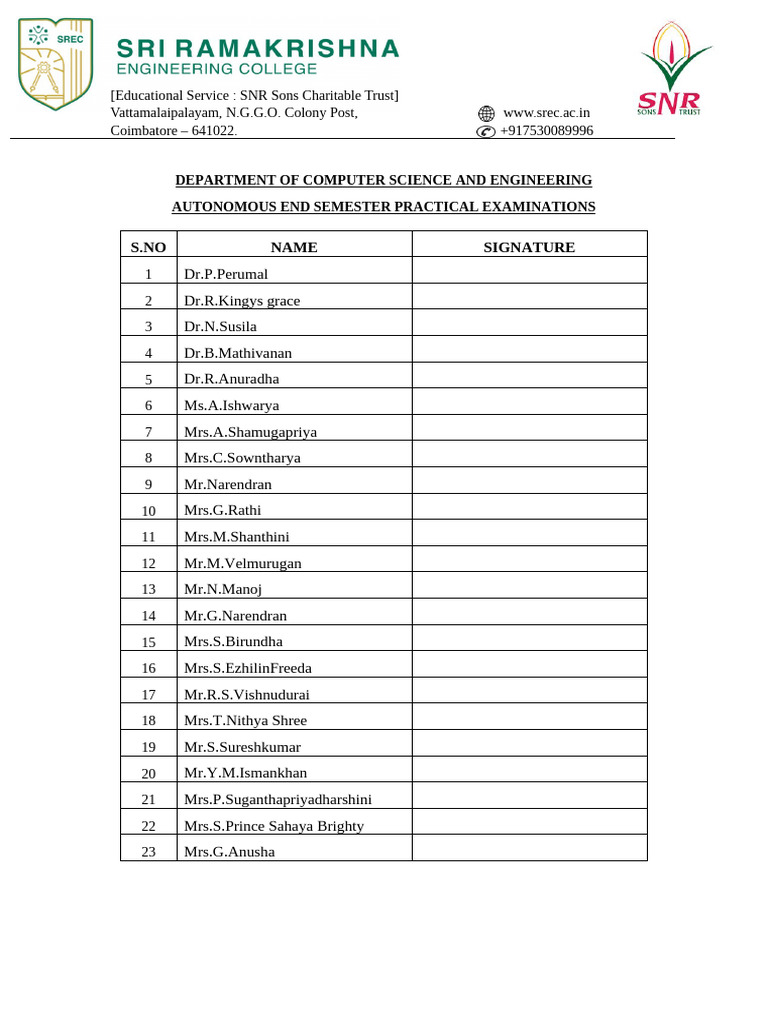 Computer Science Exam Attendance List | PDF