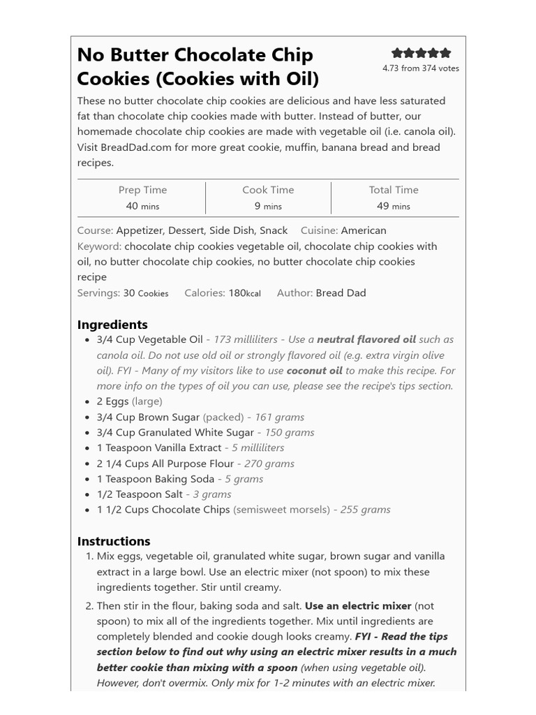 No Butter Chocolate Chip Cookies (Cookies With Oil) - Bread Dad | PDF ...