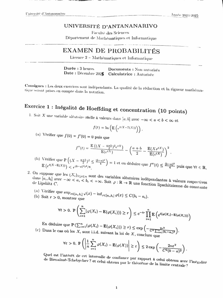 Rattrapage Probabilité s4 2025 | PDF