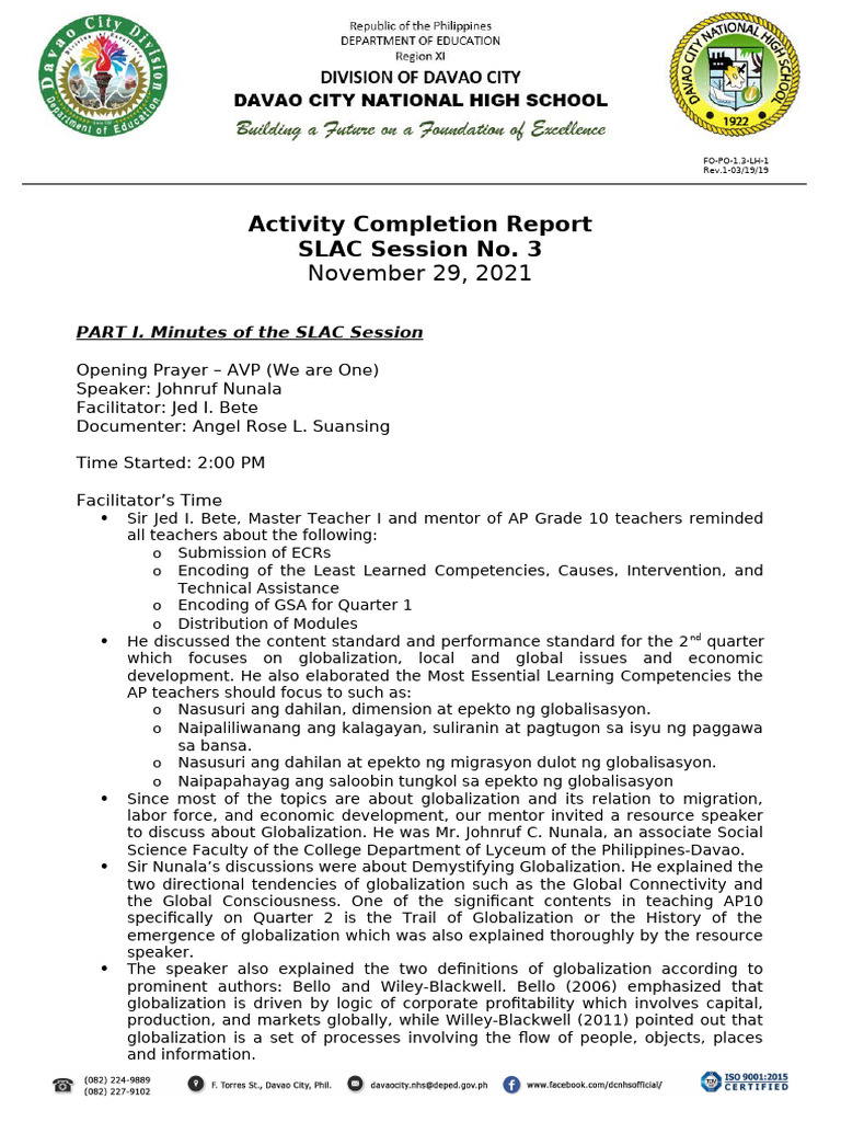 SLAC Session 3 Activity Report | PDF | Globalization | Cognition