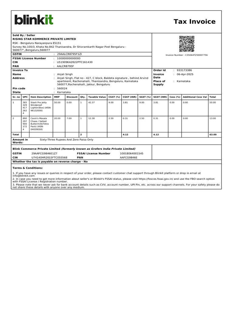 Detailed Tax Invoice for Anjali Singh | PDF | Invoice | Payments