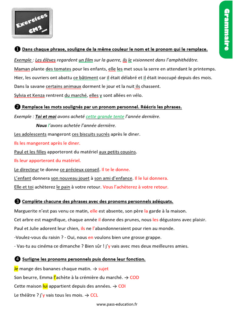 Exercices sur les pronoms personnels | PDF | Phrase | Sémantique