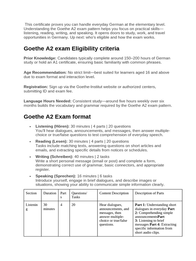 Goethe A2 Exam Guide and Eligibility | PDF | Reading Comprehension ...