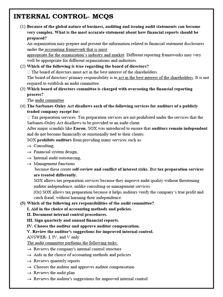 Internal Control MCQs for Auditing | PDF | Internal Control | Sarbanes ...