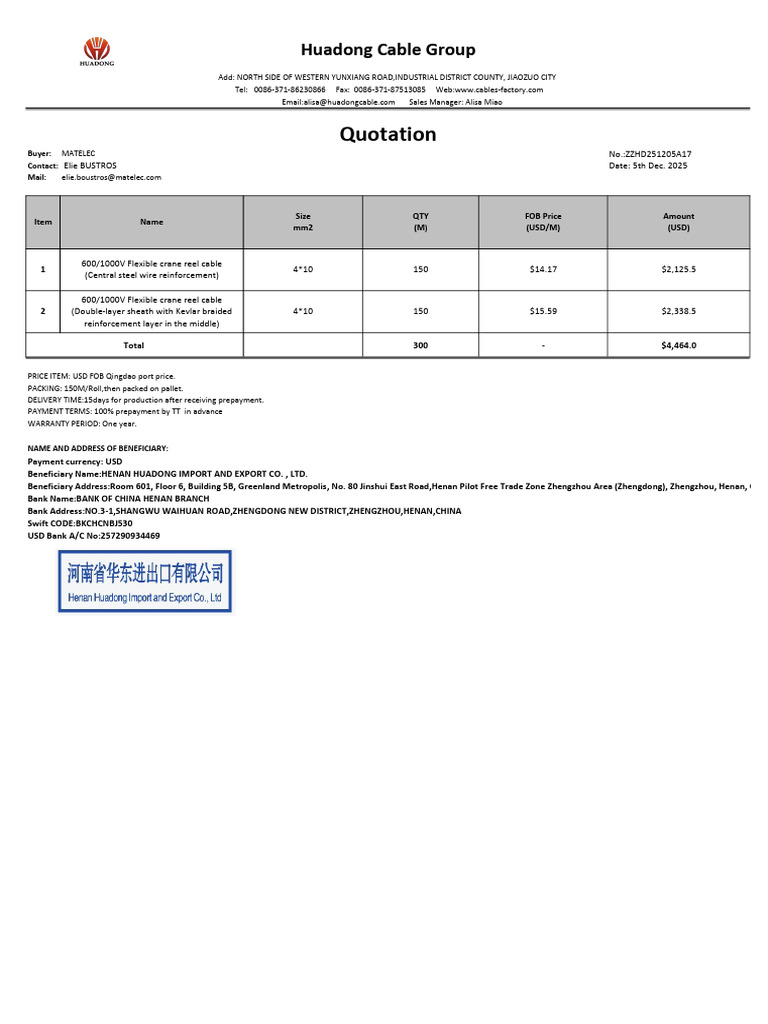 Huadong Cable Quotation for Matelec | PDF
