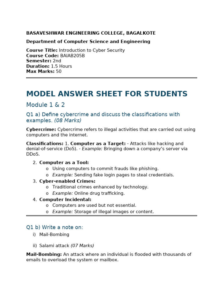 Cyber Security Course Model Answer Sheet | PDF | Cybercrime | Phishing