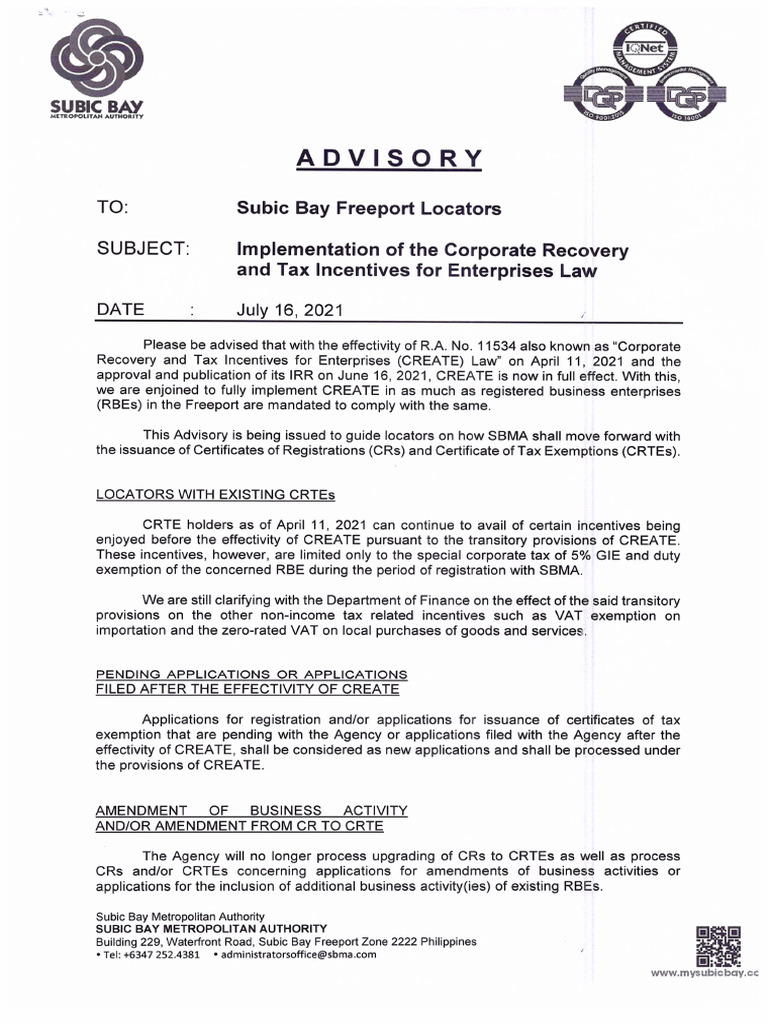 Advisory - Peza | PDF