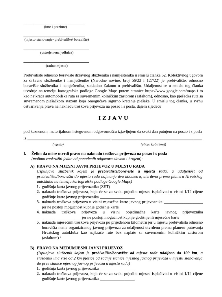 Obrazac Prijevoz 2023 - Izjava | PDF