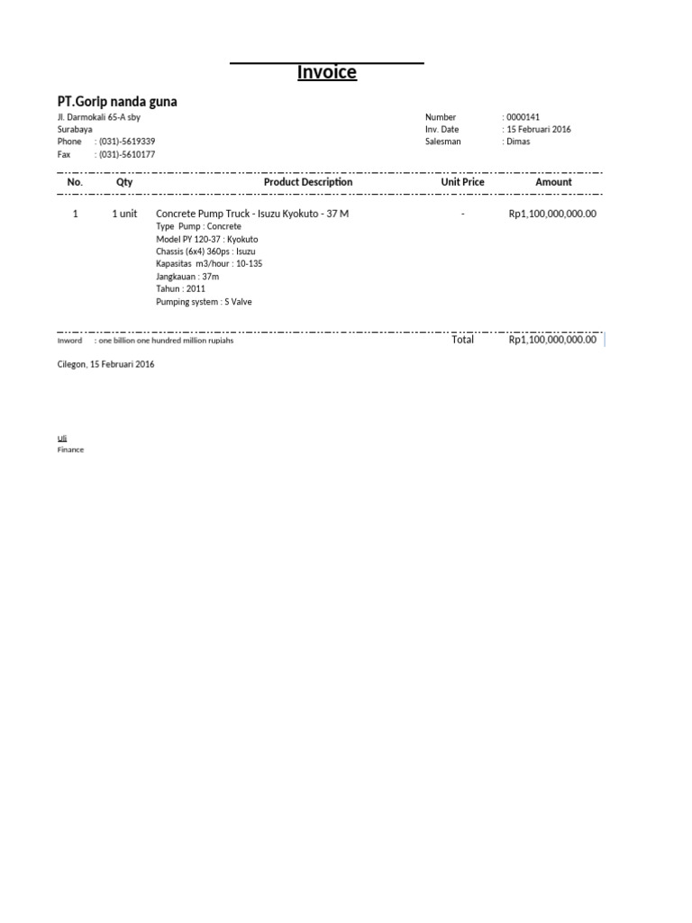Invoice for Concrete Pump Truck Purchase | PDF