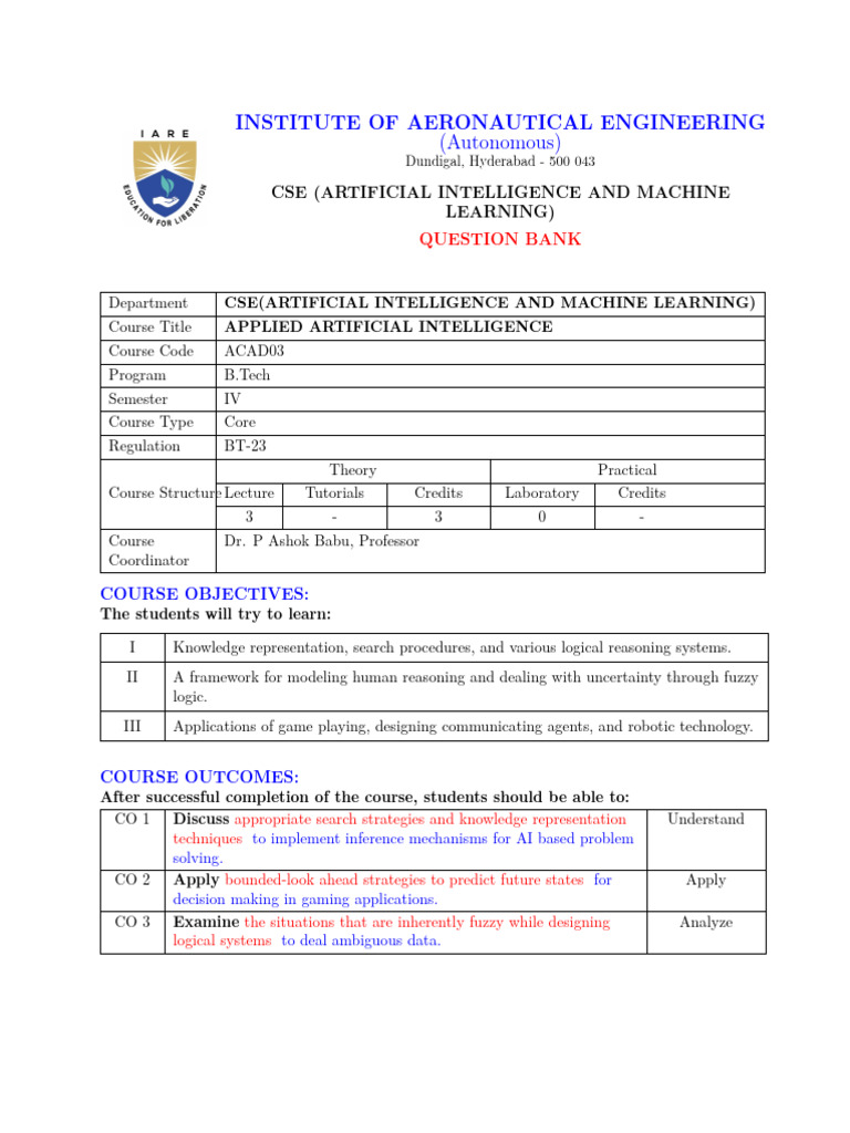 AAI Question Bank | PDF | Knowledge Representation And Reasoning ...