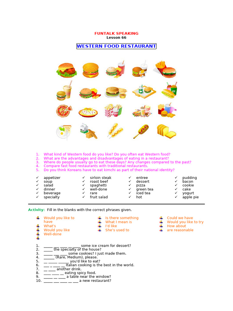 Western Food Discussion and Vocabulary Guide | PDF | Salad | Restaurants