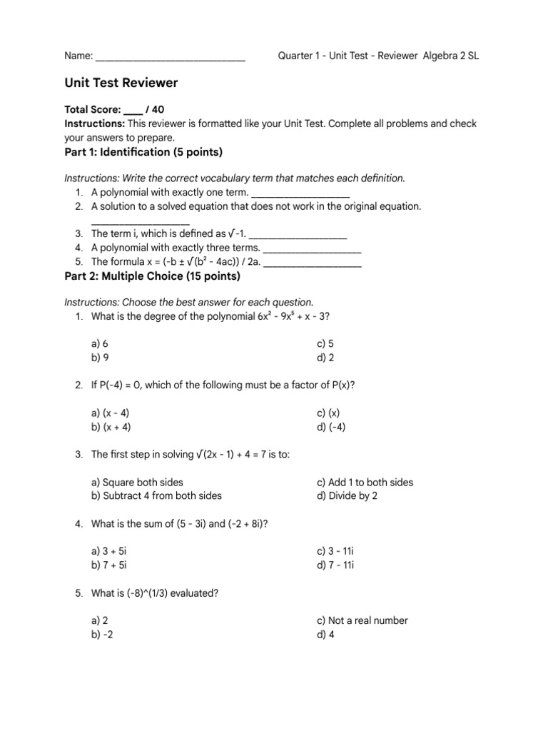 Algebra 2 SL Unit Test Reviewer Q1 | PDF | Factorization | Polynomial