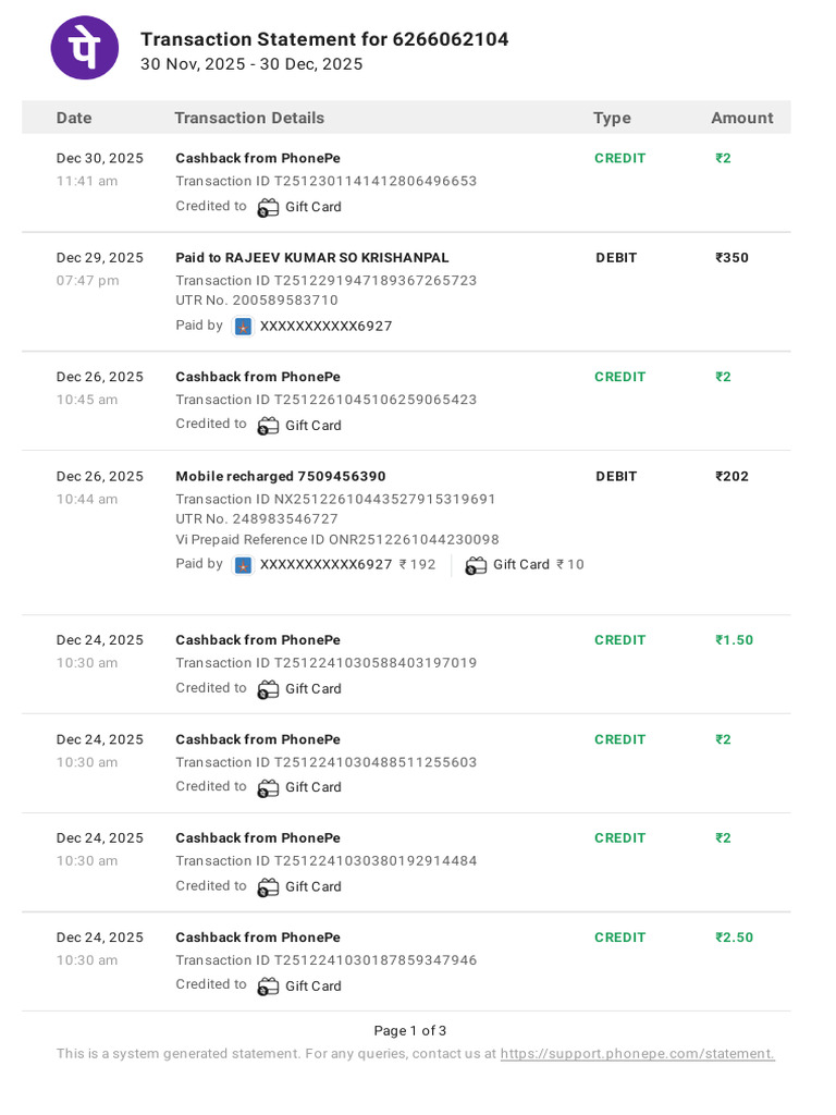 PhonePe Transaction Statement Dec 2025 | PDF | Credit Card | Debit Card