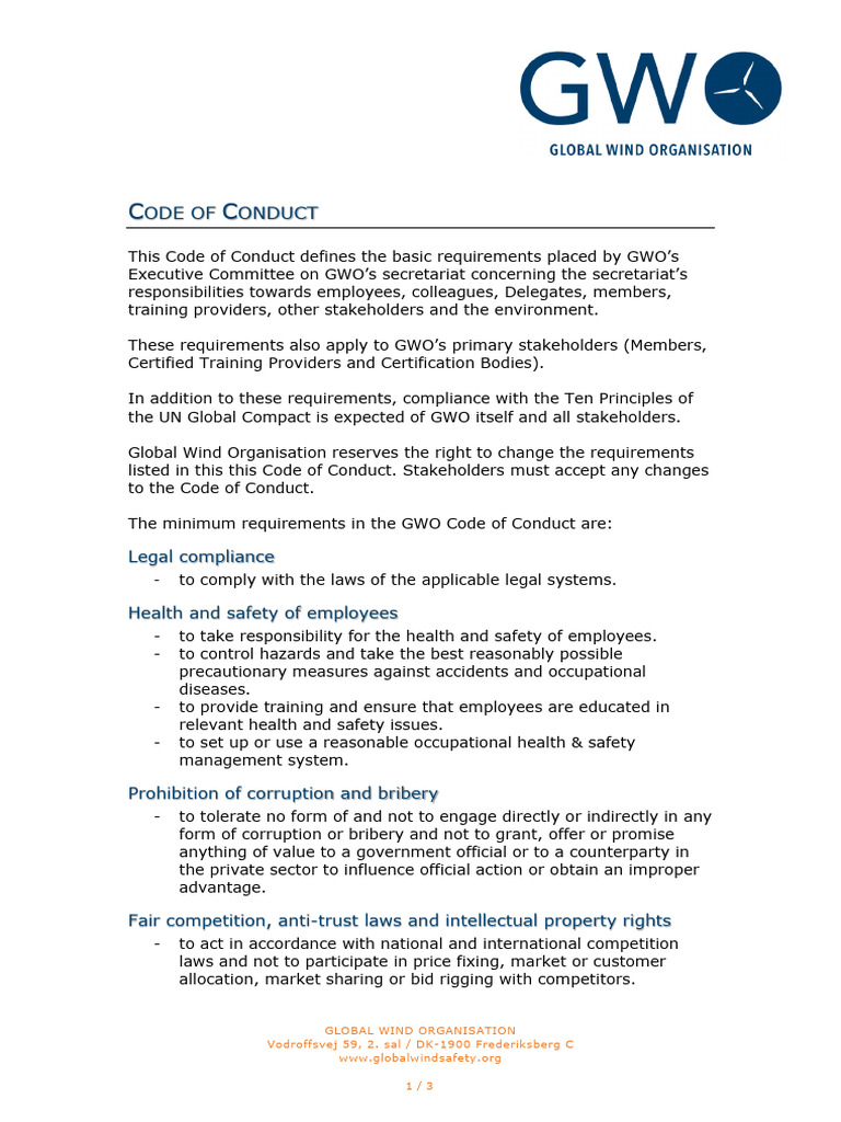 GWO Code of Conduct_V2 | PDF | Employment | Occupational Safety And Health