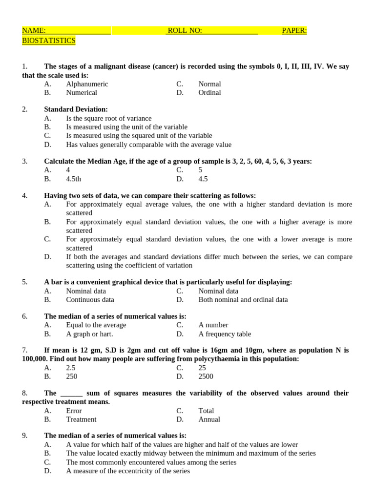 Biostatistics Exam Questions and Answers | PDF | Standard Deviation | Mean