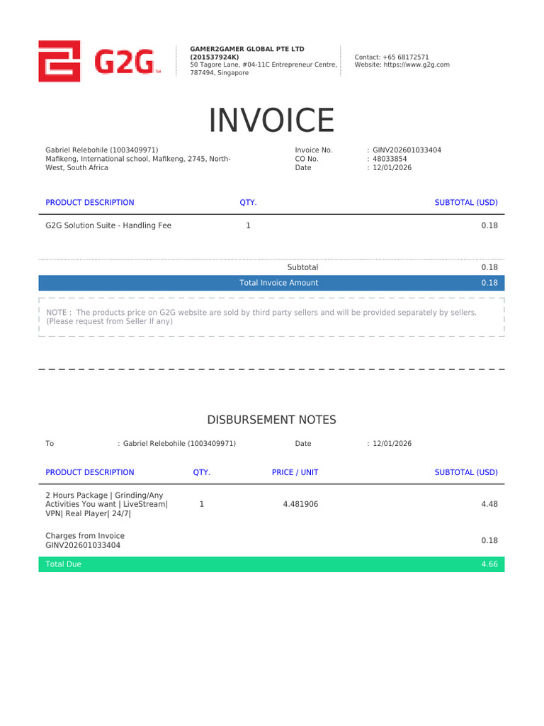 G2G Invoice for Services Rendered | PDF