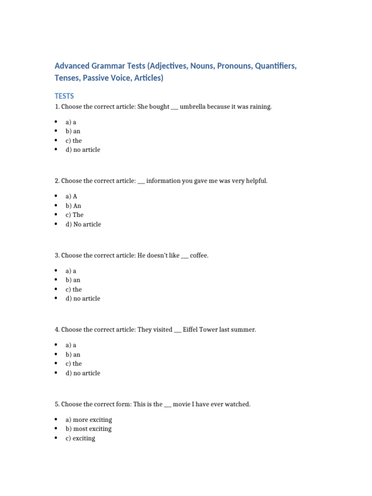 Advanced Grammar Tests and Answers | PDF | Linguistic Typology | Languages