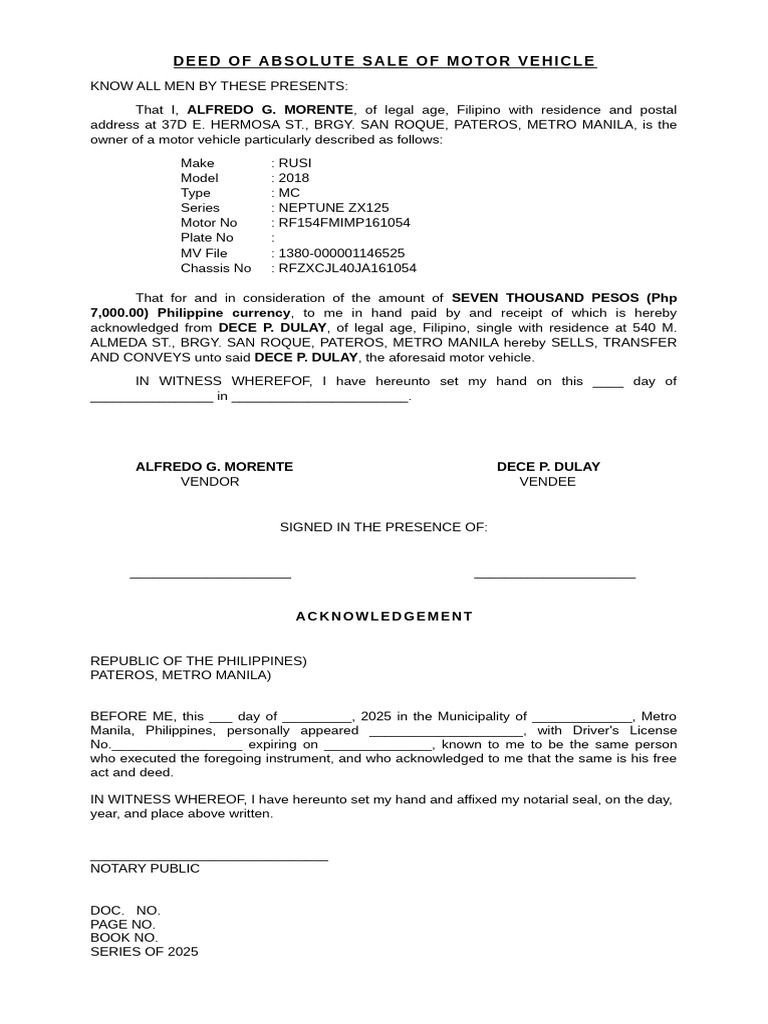 Deed of Absolute Sale of Motor Vehicle | PDF