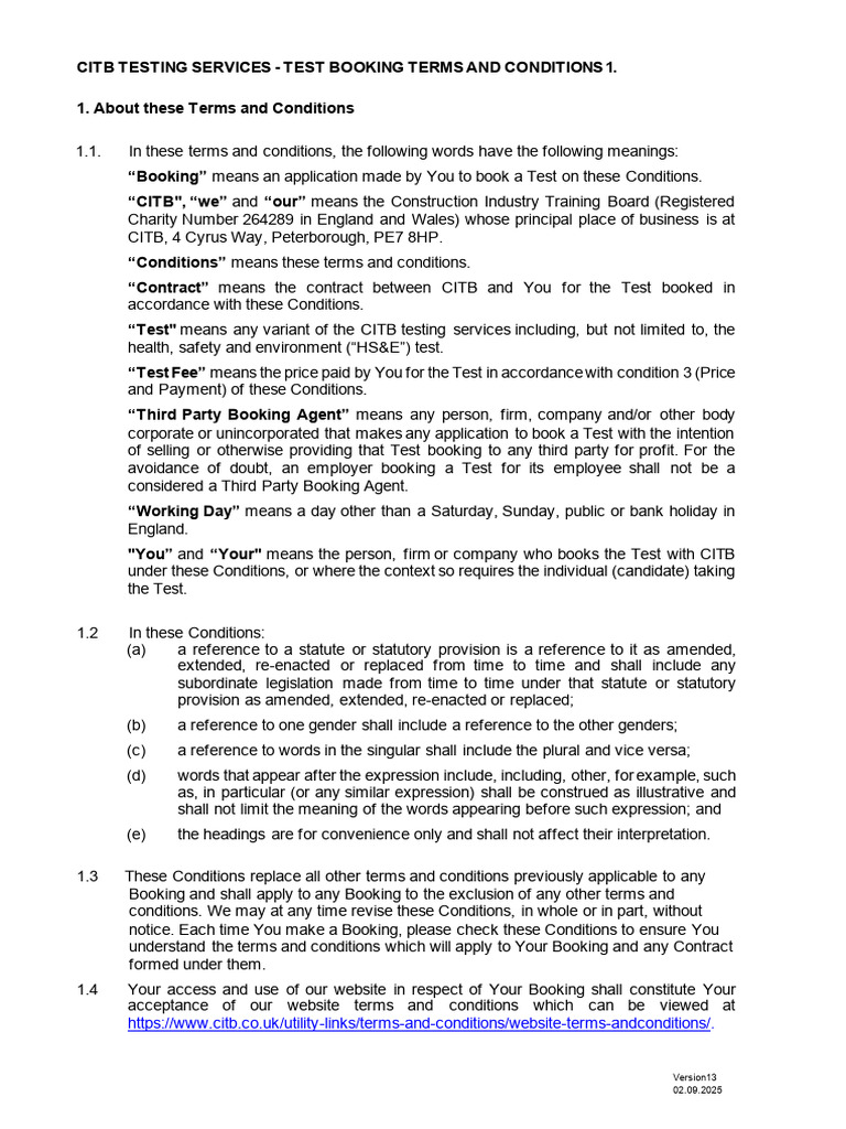 CITB Test Booking Terms & Conditions | PDF | Legal Liability | Tort