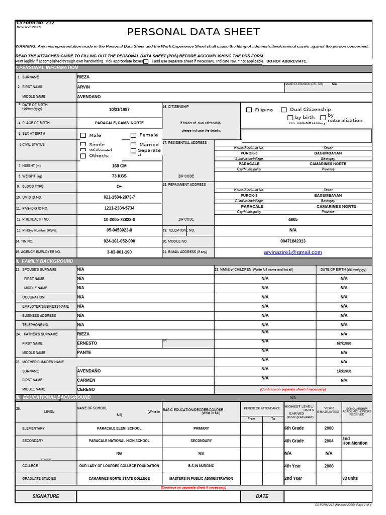 Personal Data Sheet Template | PDF | Sex Education