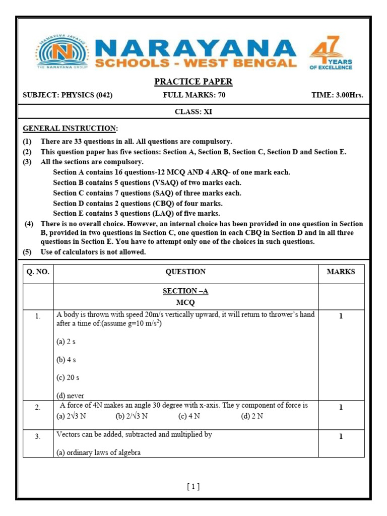 Physics Practice Paper for Class XI | PDF | Deformation (Engineering ...