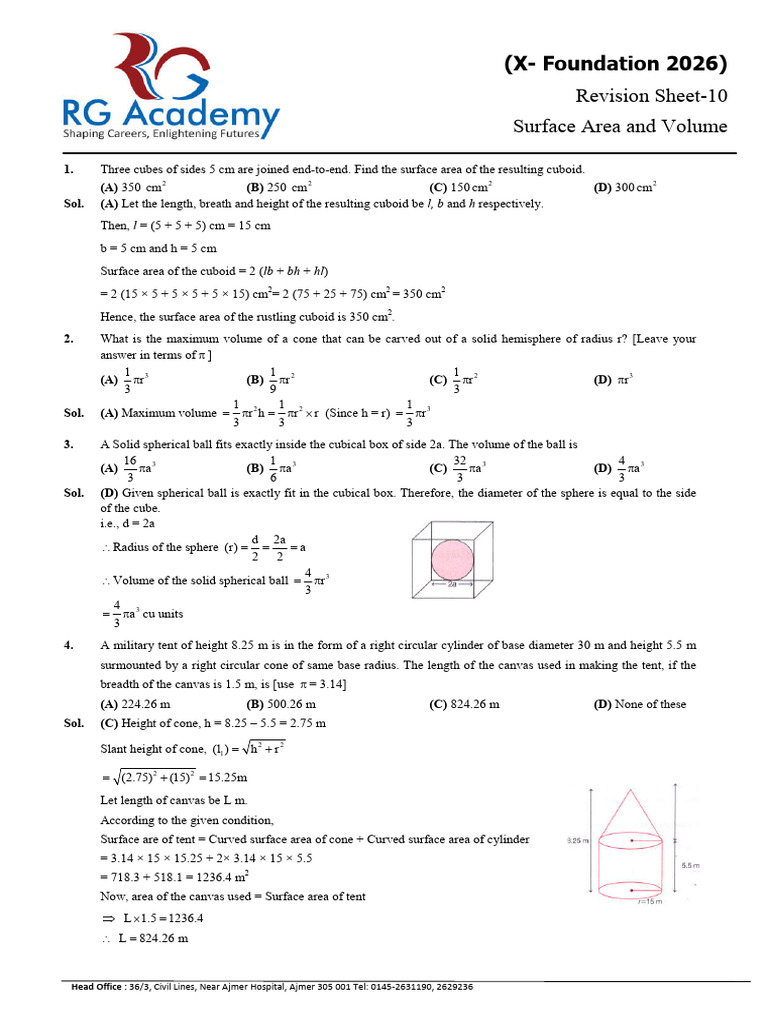Maths Revision Sheet for X Foundation 2026 | PDF | Sphere | Volume