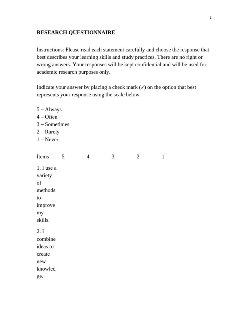 Learning Skills Assessment Questionnaire | PDF | Learning | Cognition