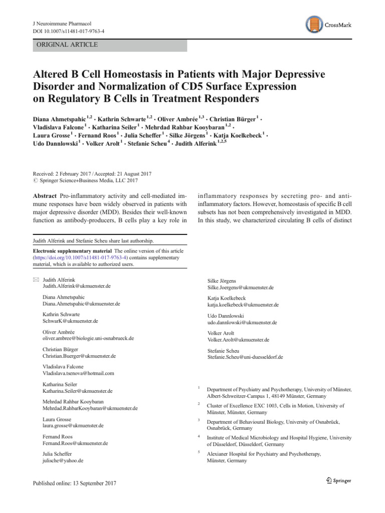 Altered B Cell Homeostasis in Patients With Major Depressive | PDF | B ...