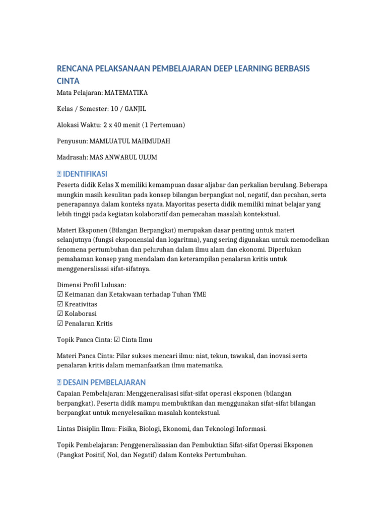 RPP Deep Learning Eksponen Matematika | PDF