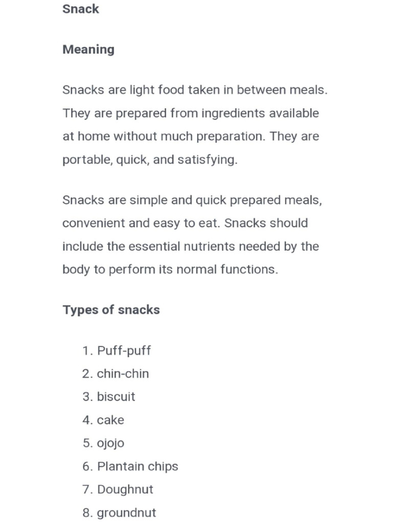 Meaning and Types of Snacks | PDF