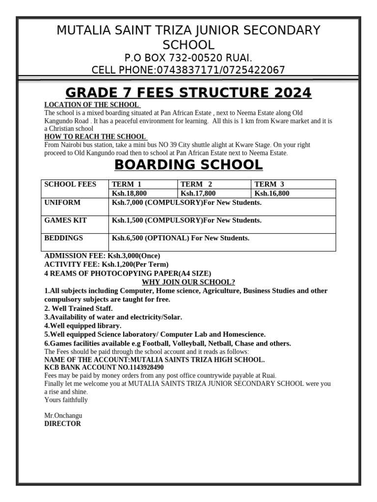 Mutalia Saint Triza Junior Secondary Fees 2024 | PDF