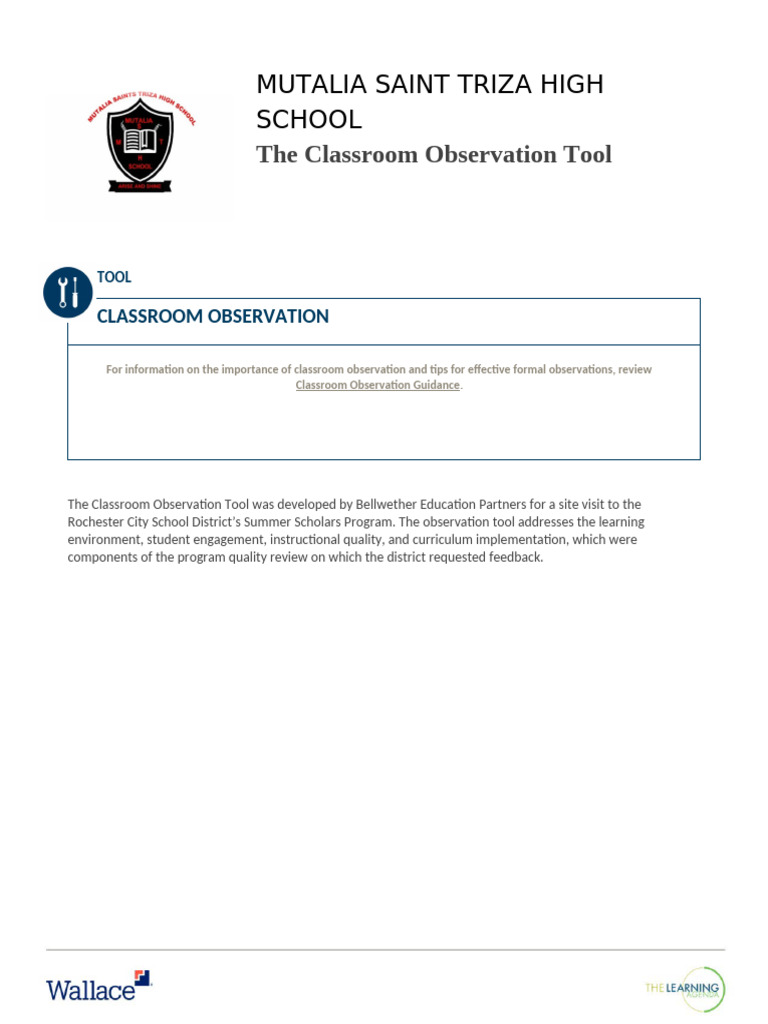 Classroom Observation Tool | PDF | Learning | Classroom