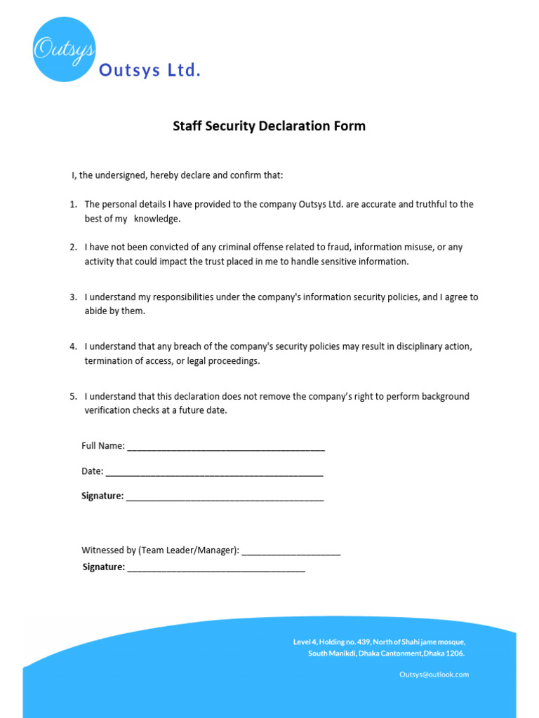 Outsys Staff Security Declaration Form | PDF
