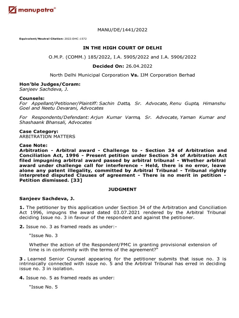 Delhi High Court Arbitration Ruling | PDF | Liquidated Damages | Justice