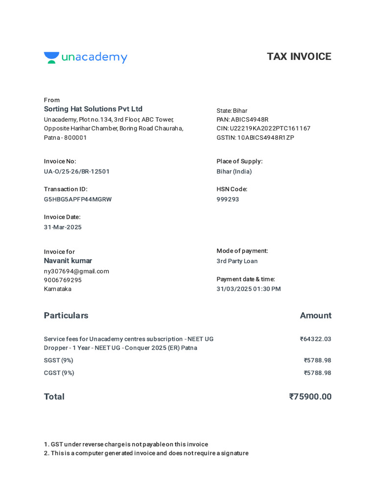 Tax Invoice for Unacademy Subscription | PDF